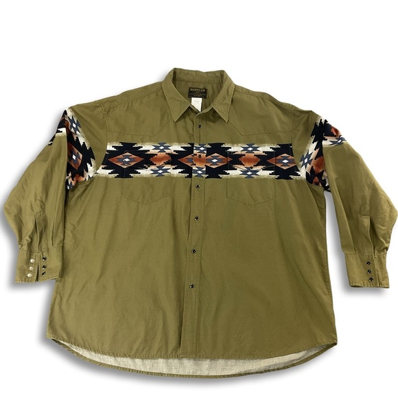 Rustler Other - Vintage Rustler Aztec Western Pearl Snap Shirt Olive Green Men’s 2X